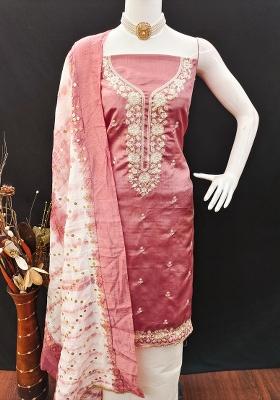 Peach Embroidered Cotton Blend Dress Material