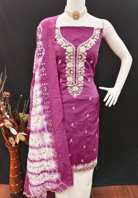 Purple Embroidered Cotton Blend Dress Material