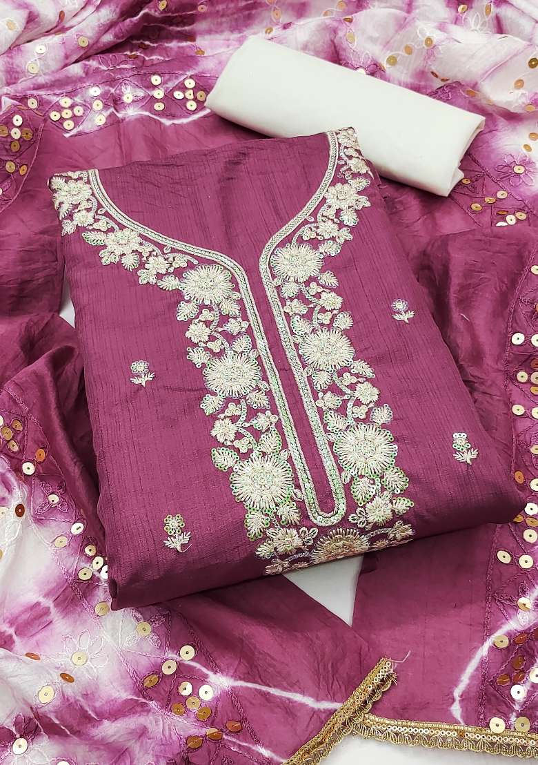 Purple Embroidered Blended Straight Kurta Set - Indya