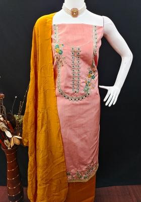 Peach Embroidered Cotton Blend Dress Material