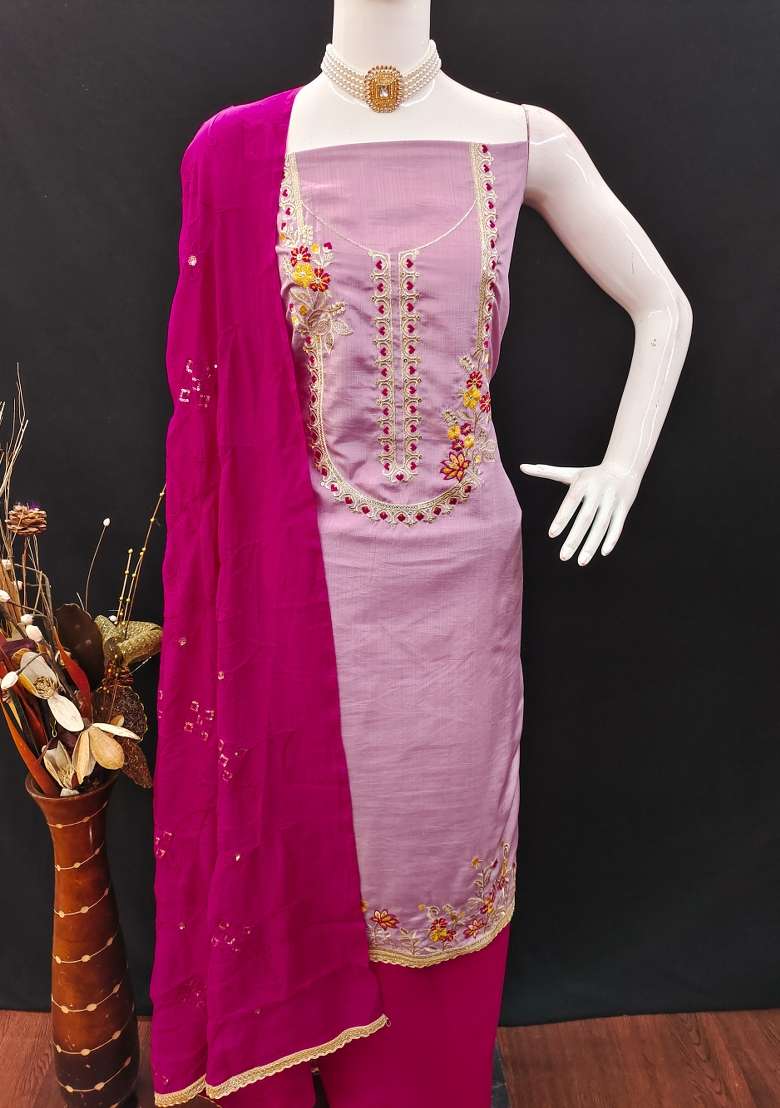 Pink Embroidered Blended Straight Kurta Set - Indya