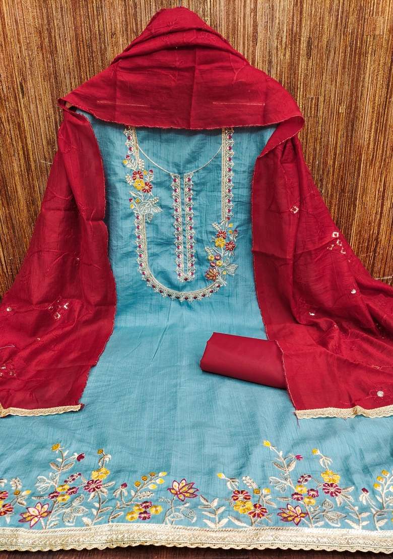 Sky Blue Embroidered Cotton Straight Kurta Set - Indya