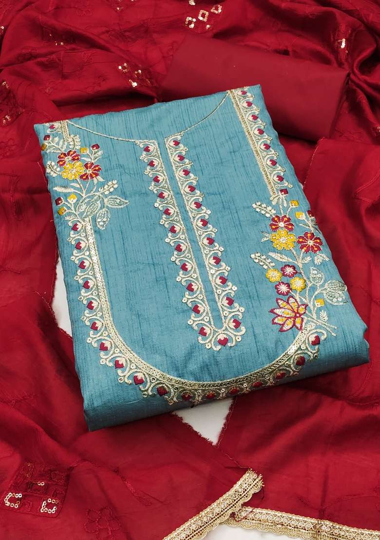 Sky Blue Embroidered Cotton Straight Kurta Set - Indya