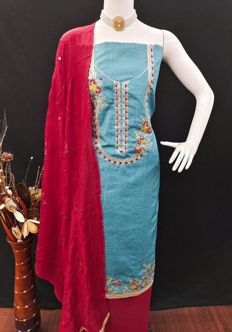 Sky Blue Embroidered Cotton Straight Kurta Set