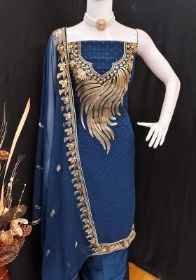 Blue Embroidered Georgette Dress Material