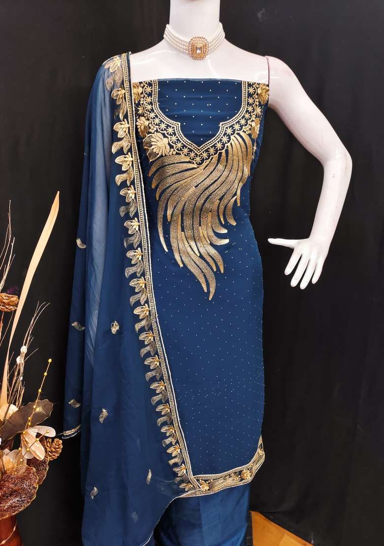 Blue Embroidered Georgette Dress Material - Indya