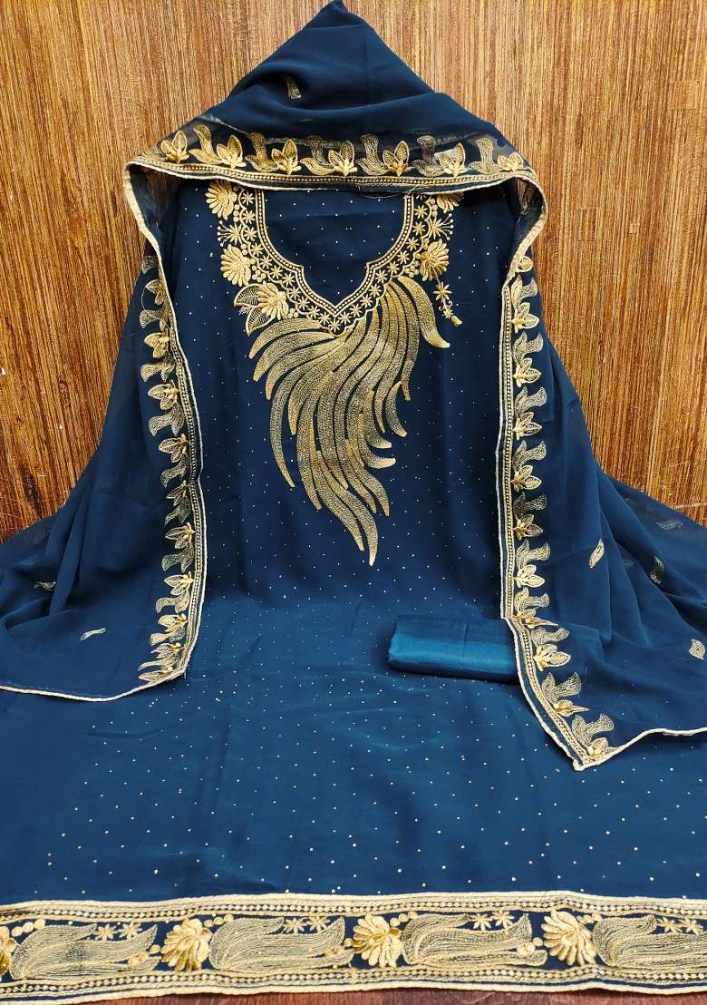 Blue Embroidered Georgette Dress Material - Indya