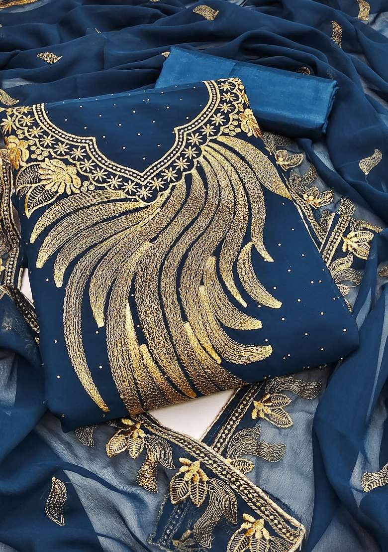 Blue Embroidered Georgette Dress Material - Indya