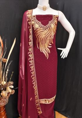 Maroon Embroidered Georgette Dress Material
