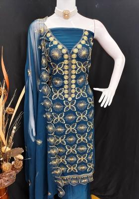 Blue Embroidered Georgette Dress Material