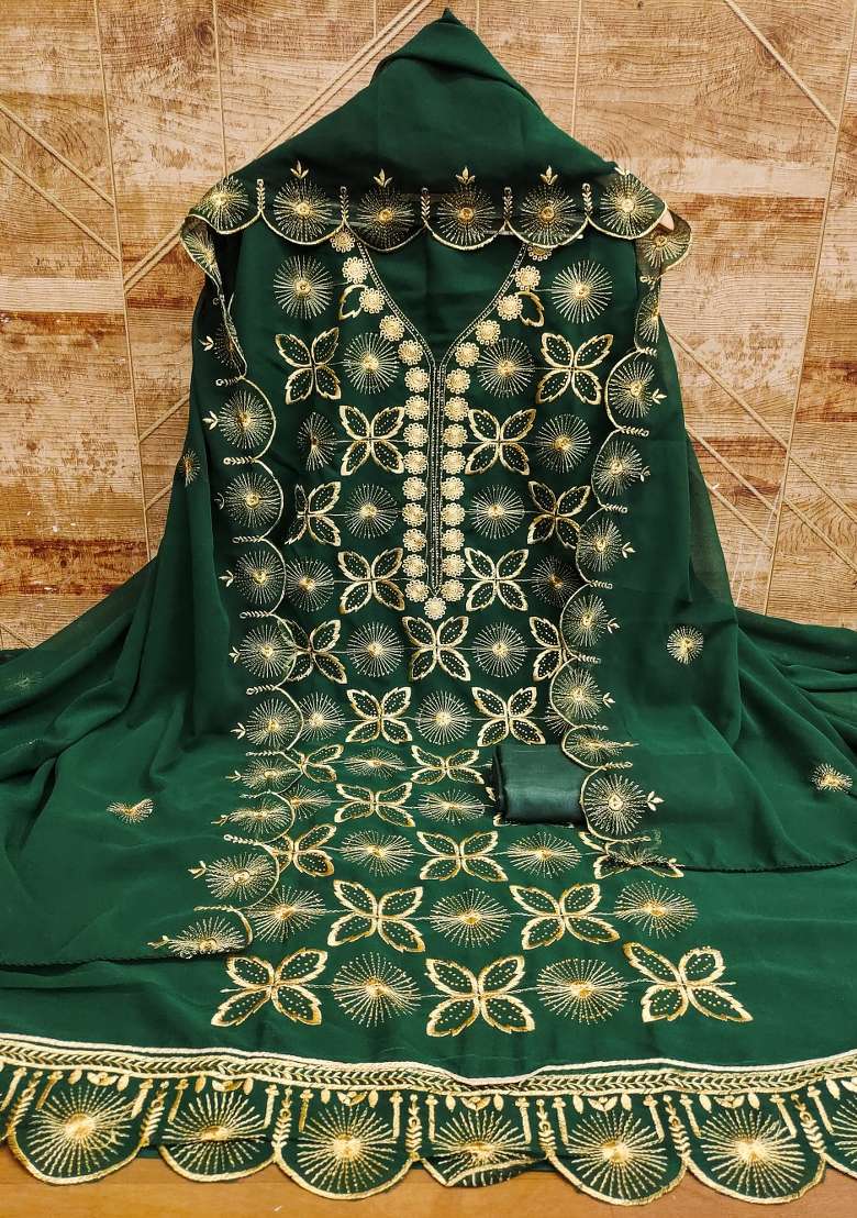 Green Embroidered Georgette Pakistani Suit Set - Indya