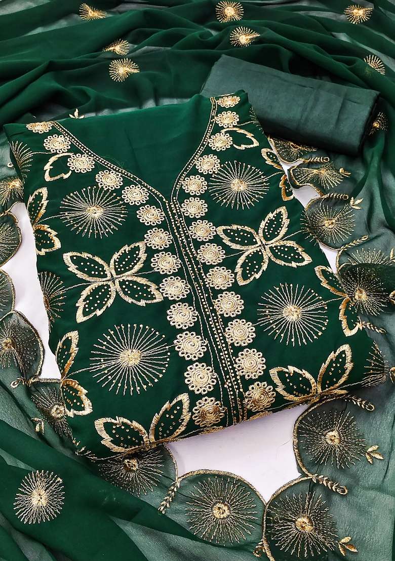 Green Embroidered Georgette Pakistani Suit Set - Indya