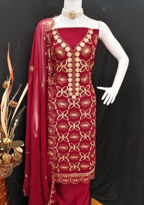 Maroon Embroidered Georgette Dress Material