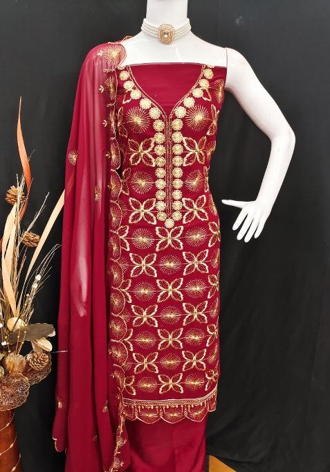 Maroon Embroidered Georgette Dress Material