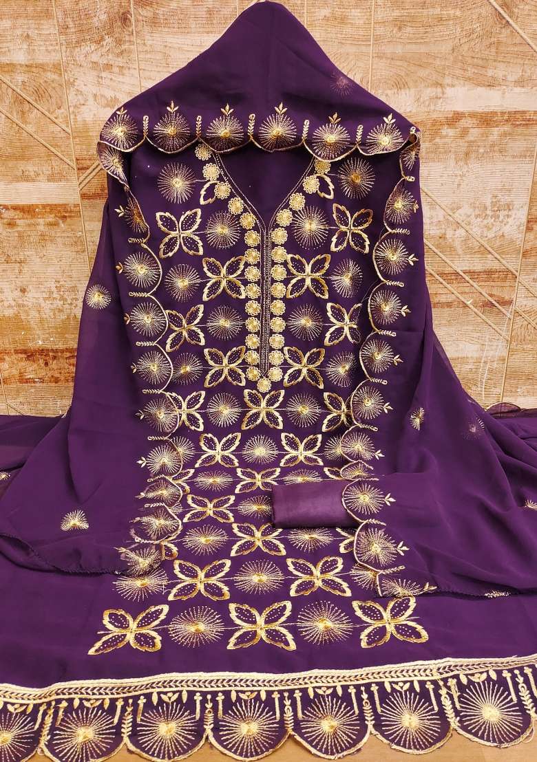 Purple Embroidered Georgette Pakistani Suit Set - Indya