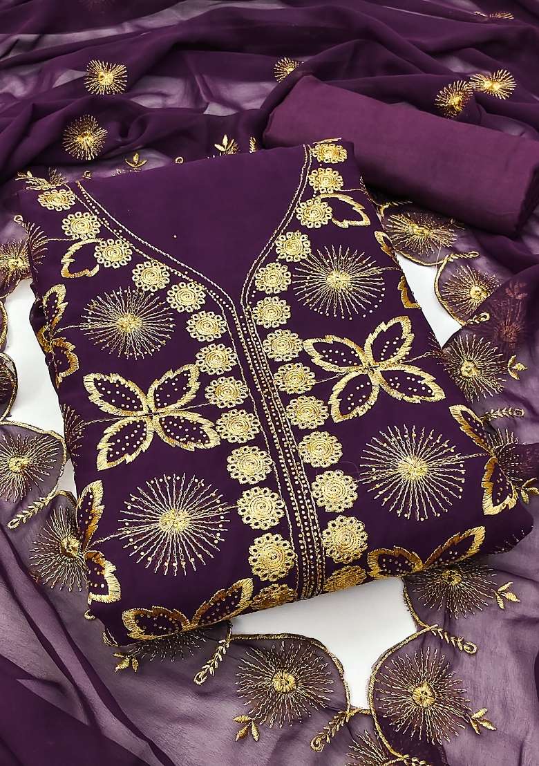 Purple Embroidered Georgette Pakistani Suit Set - Indya
