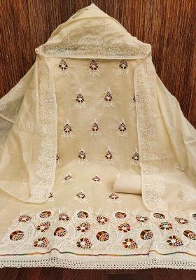 Beige Embroidered Cotton Blend Dress Material