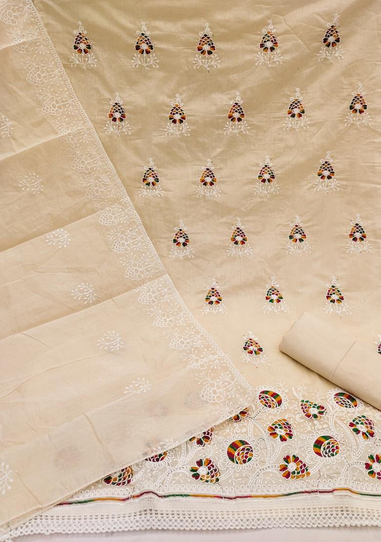 Beige Embroidered Cotton Blend Dress Material - Indya