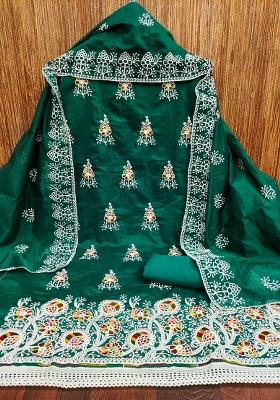 Green Embroidered Cotton Blend Dress Material