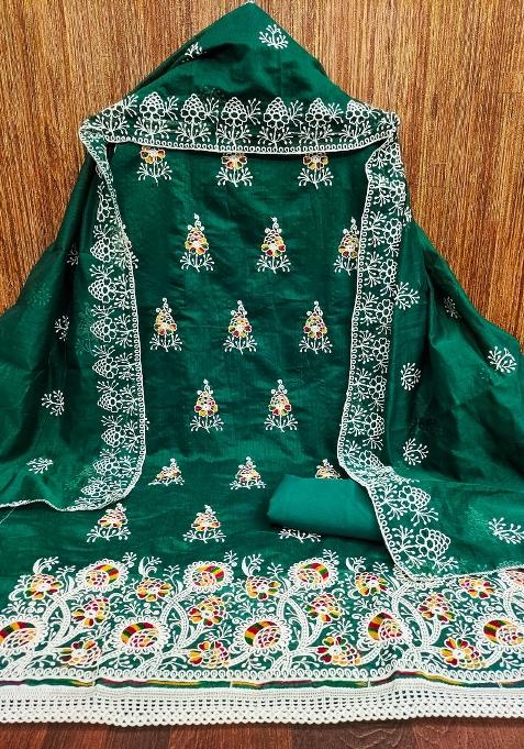 Green Embroidered Cotton Blend Dress Material