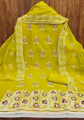 Light Green Embroidered Cotton Blend Dress Material