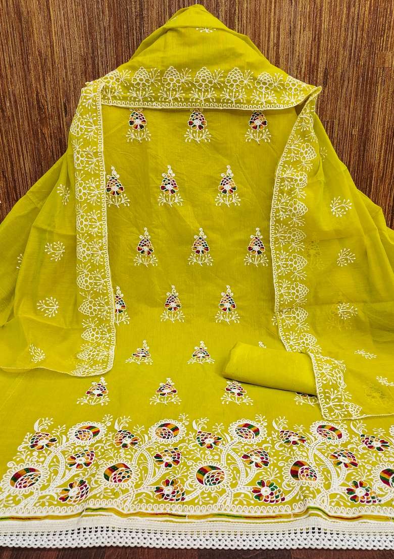 Light Green Embroidered Cotton Blend Dress Material - Indya