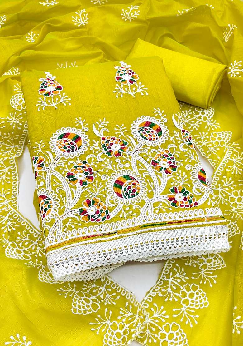 Light Green Embroidered Cotton Blend Dress Material - Indya