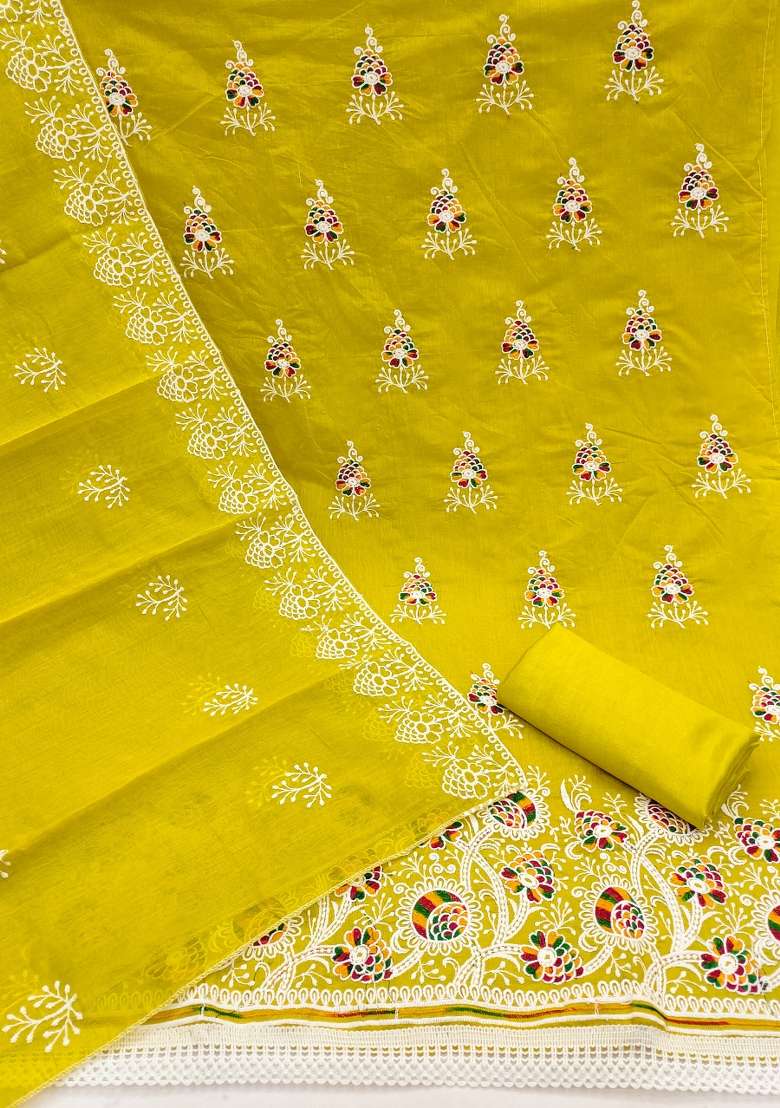 Light Green Embroidered Cotton Blend Dress Material - Indya