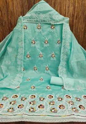 Sea Green Embroidered Cotton Blend Dress Material