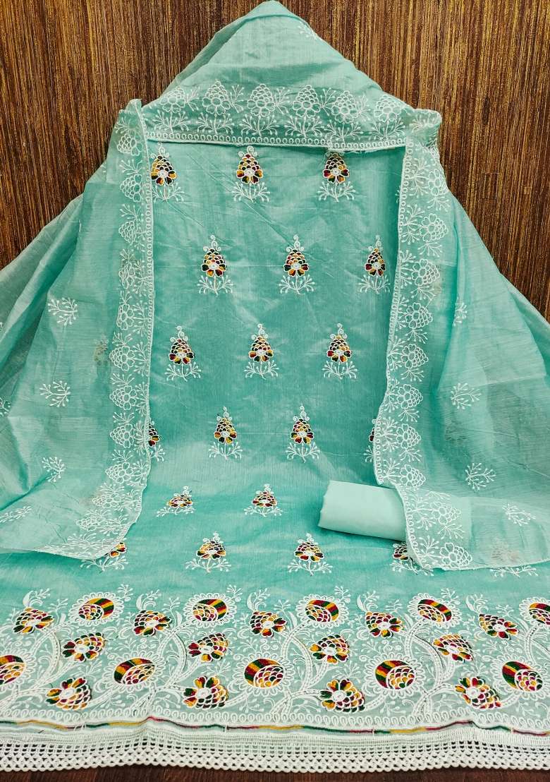 Sea Green Embroidered Cotton Blend Dress Material - Indya