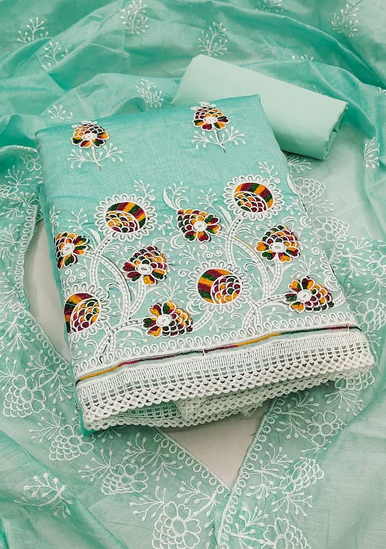 Sea Green Embroidered Cotton Blend Dress Material - Indya
