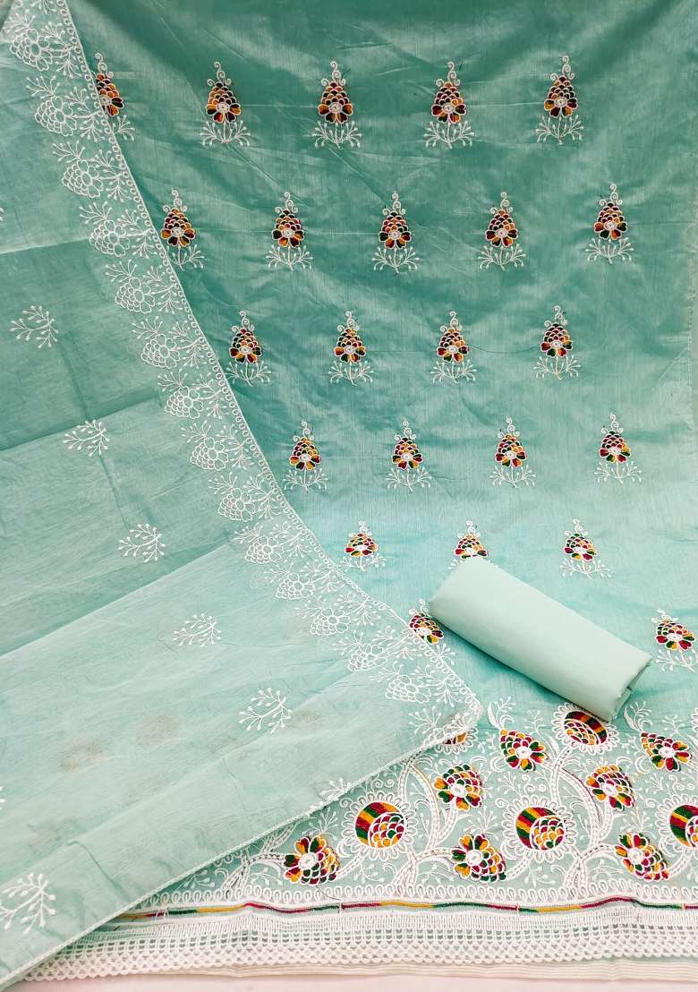 Sea Green Embroidered Cotton Blend Dress Material - Indya