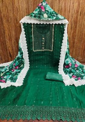 Green Embroidered Silk Dress Material