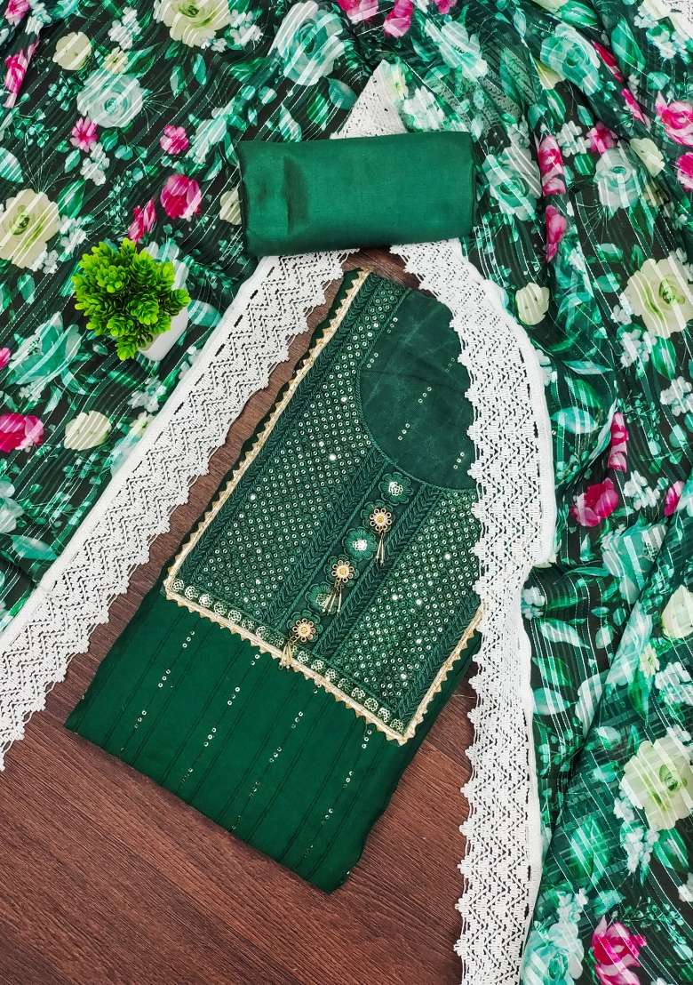 Green Sequin Work Silk Blend Straight Kurta Set - Indya