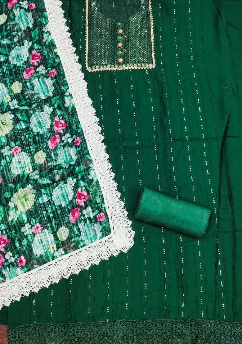 Green Sequin Work Silk Blend Straight Kurta Set - Indya