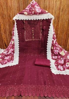 Maroon Embroidered Silk Dress Material