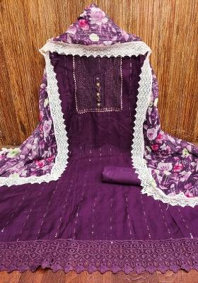 Purple Embroidered Silk Dress Material