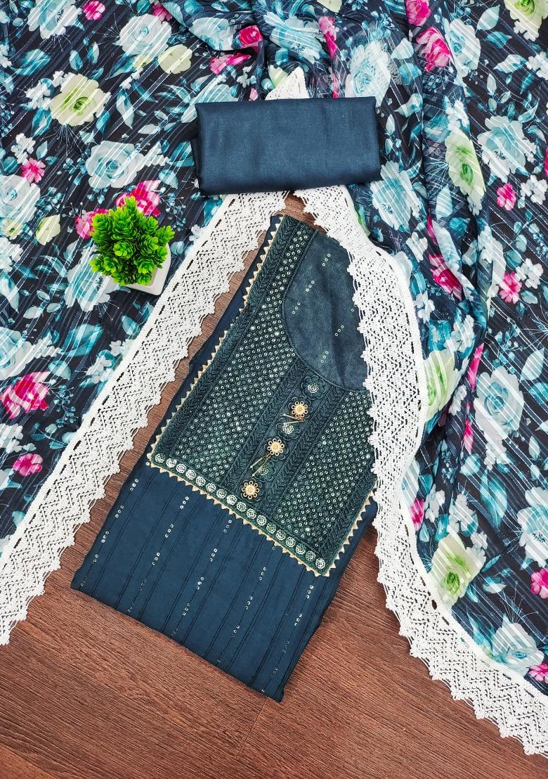 Teal Blue Embroidered Silk Dress Material