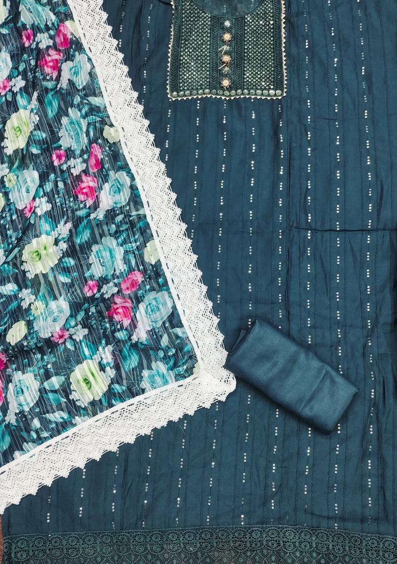 Teal Blue Embroidered Silk Dress Material