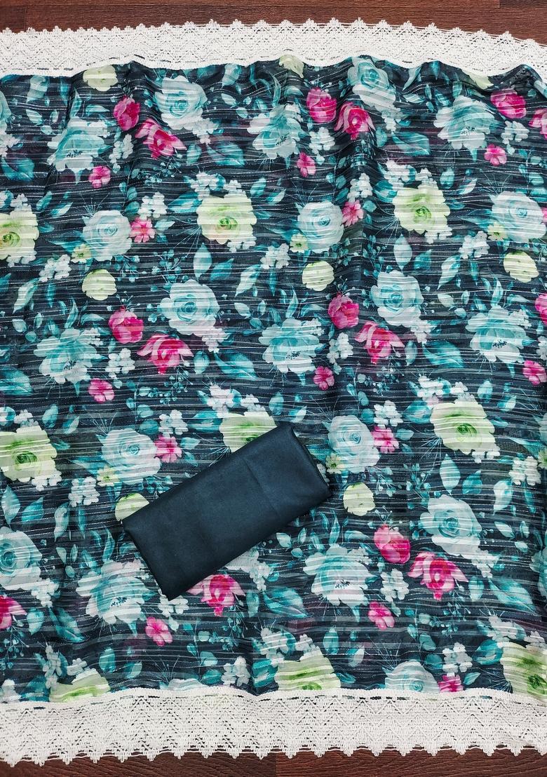 Teal Blue Embroidered Silk Dress Material