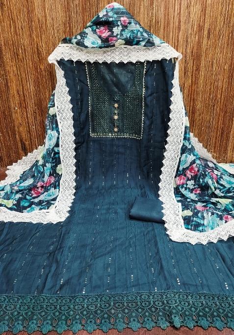 Teal Blue Embroidered Silk Dress Material