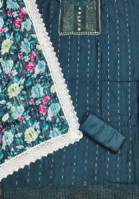 Teal Blue Embroidered Silk Dress Material