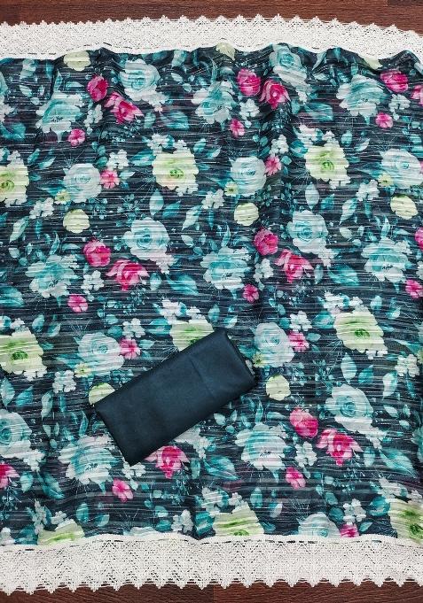 Teal Blue Embroidered Silk Dress Material