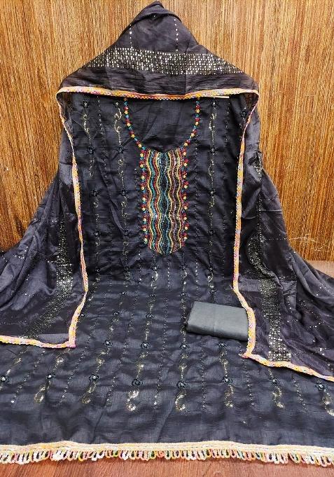 Black Embroidered Silk Dress Material