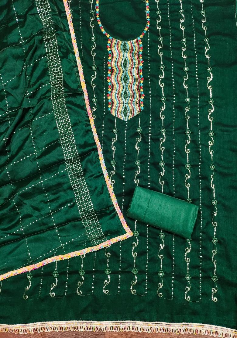 Green Embroidered Silk Dress Material - Indya