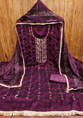 Purple Embroidered Silk Dress Material