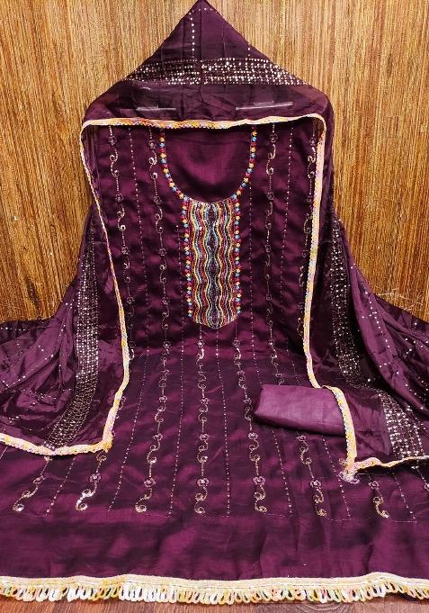 Purple Embroidered Silk Straight Kurta Set