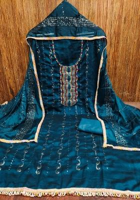 Teal Blue Embroidered Silk Dress Material