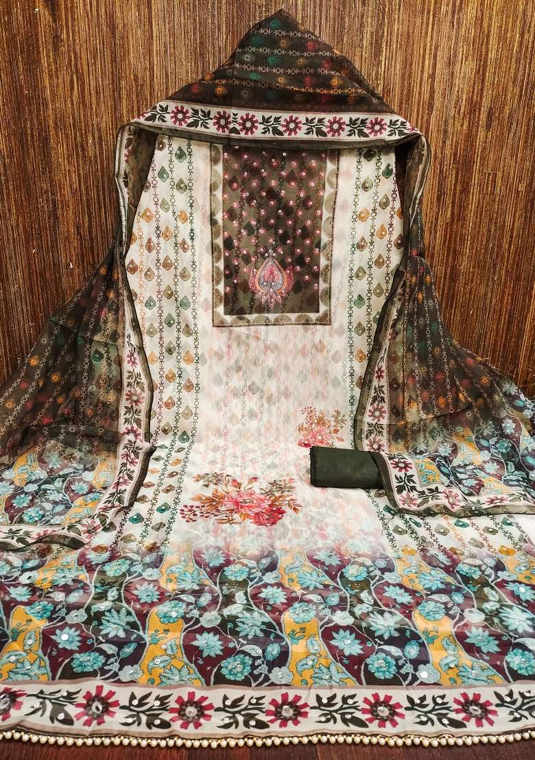 Multicolor Embroidered Oragnza Dress Material - Indya