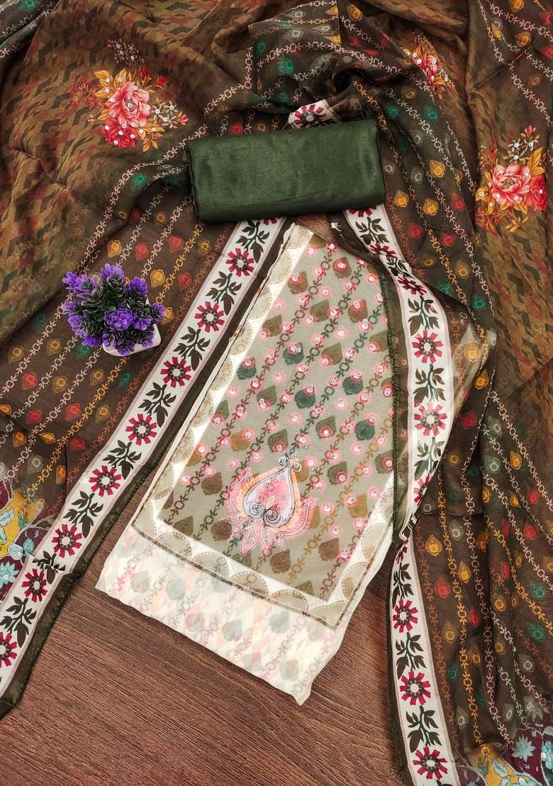 Multicolor Embroidered Oragnza Dress Material - Indya